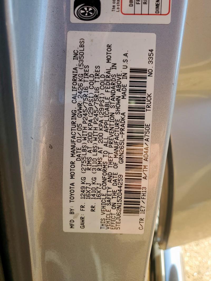 5TEJU62N15Z044259 - 2005 TOYOTA TACOMA DOUBLE CAB PRERUNNER SILVER photo 12