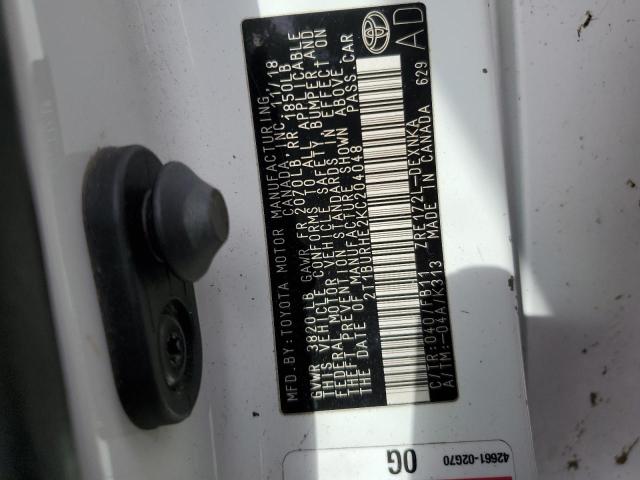 2T1BURHE2KC204048 - 2019 TOYOTA COROLLA L Beyaz fotoğraf 12