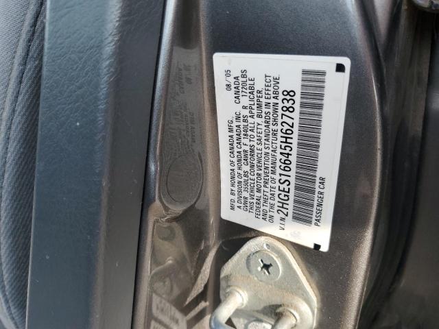 2HGES16645H627838 - 2005 HONDA CIVIC LX GRAY photo 12