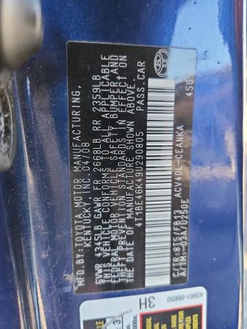 4T1BE46K49U290805 - 2009 TOYOTA CAMRY BASE BLUE photo 12