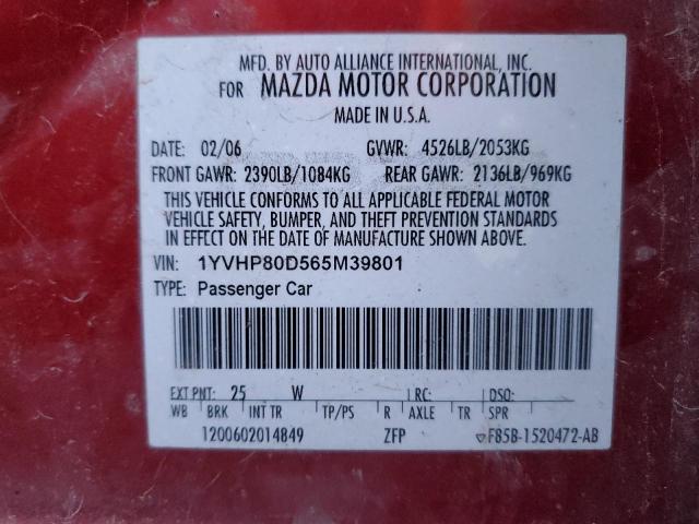 1YVHP80D565M39801 - 2006 MAZDA 6 S RED photo 12