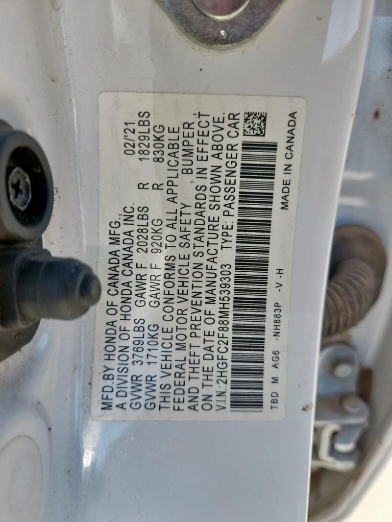 2HGFC2F88MH539303 - 2021 HONDA CIVIC SPORT WHITE photo 12