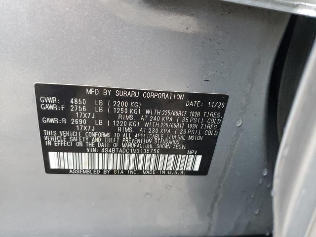 4S4BTADC1M3135756 - 2021 SUBARU OUTBACK PREMIUM SILVER photo 14