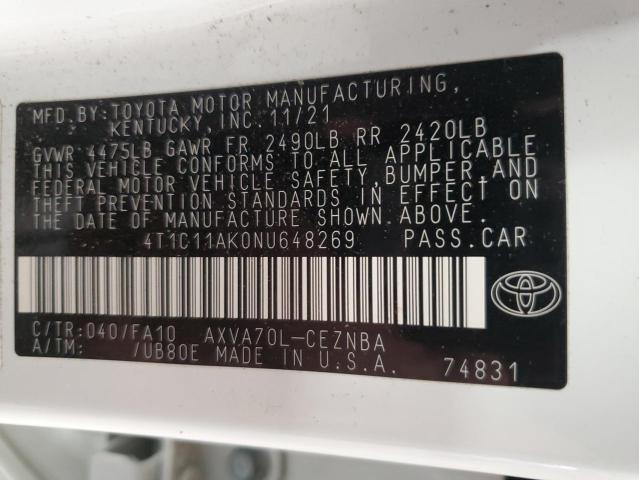 4T1C11AK0NU648269 - 2022 TOYOTA CAMRY LE WHITE photo 12