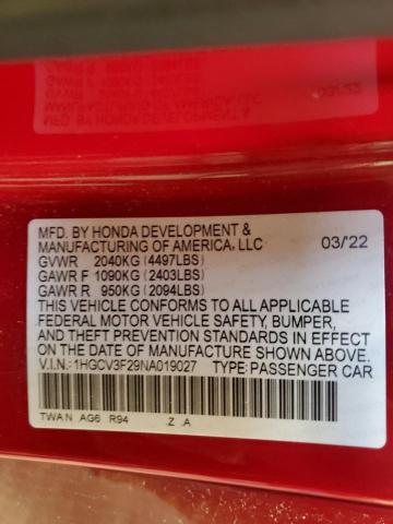 1HGCV3F29NA019027 - 2022 HONDA ACCORD HYBRID SPORT RED photo 13