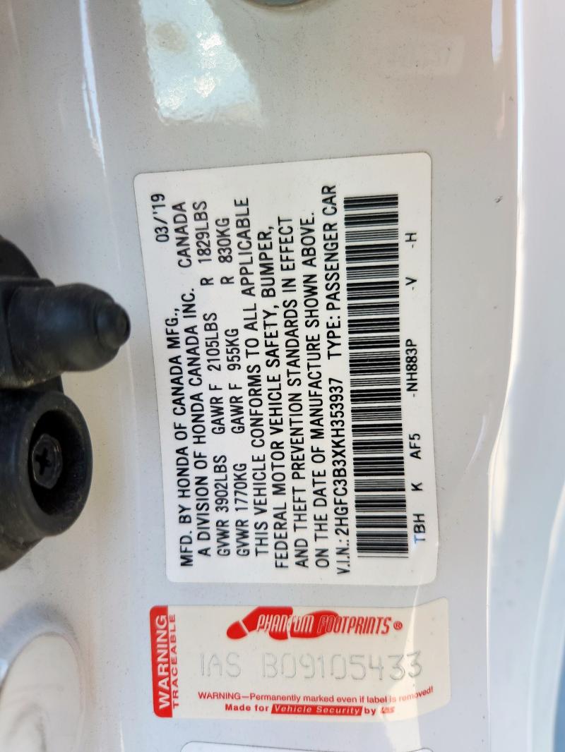 2HGFC3B3XKH353937 - 2019 HONDA CIVIC EX 白色 照片 12