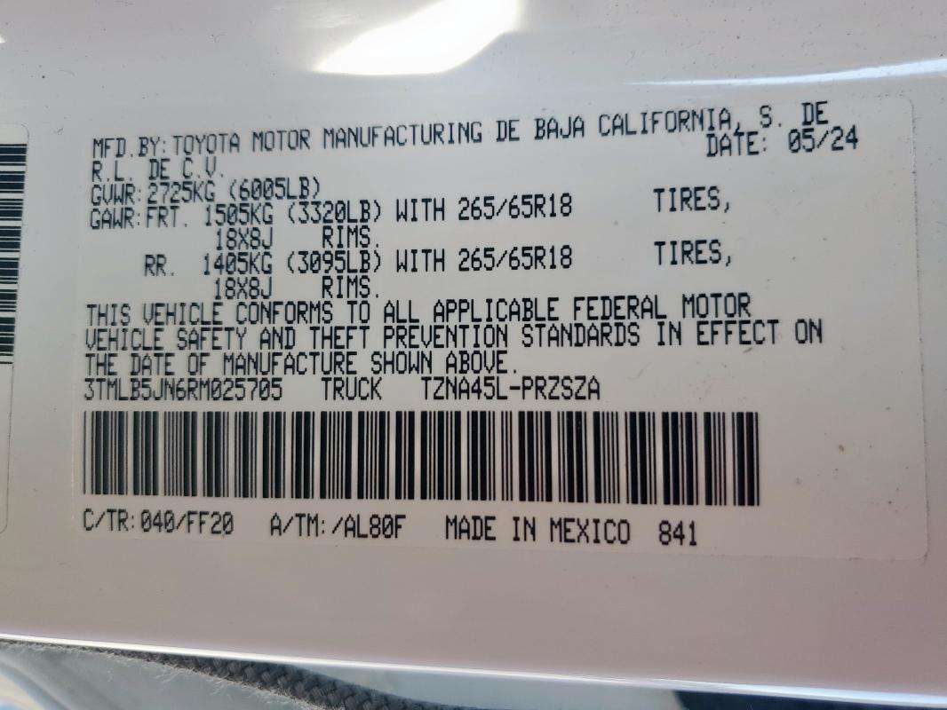 3TMLB5JN6RM025705 - 2024 TOYOTA TACOMA DOUBLE CAB Білий фото 12