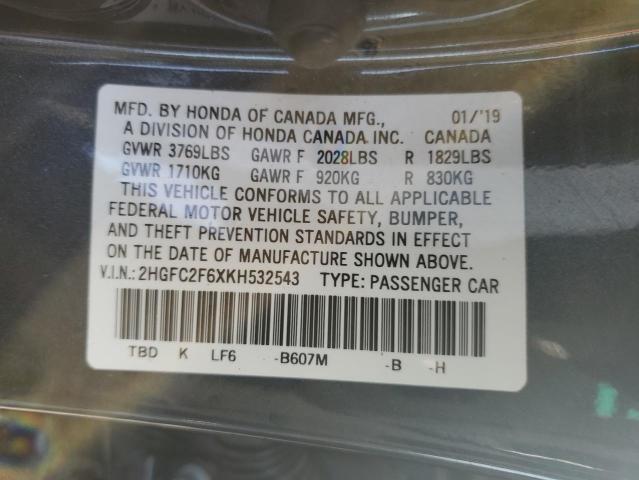 2HGFC2F6XKH532543 - 2019 HONDA CIVIC LX ნაცრისფერი ფოტო 12