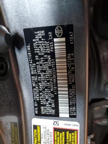 4T1B11HK8KU247551 - 2019 TOYOTA CAMRY L Сұр фото 12