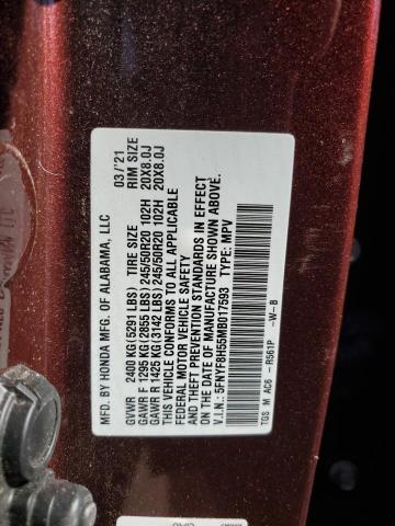 5FNYF8H55MB017593 - 2021 HONDA PASSPORT EXL Bordo fotoğraf 13