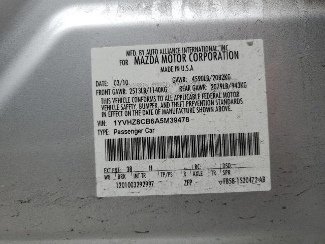 1YVHZ8CB6A5M39478 - 2010 MAZDA 6 S SILVER photo 12