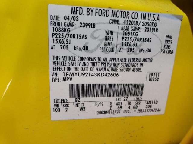 1FMYU92143KD42606 - 2003 FORD ESCAPE XLS YELLOW photo 13