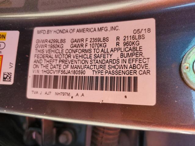 1HGCV1F56JA180590 - 2018 HONDA ACCORD EXL ნაცრისფერი ფოტო 12