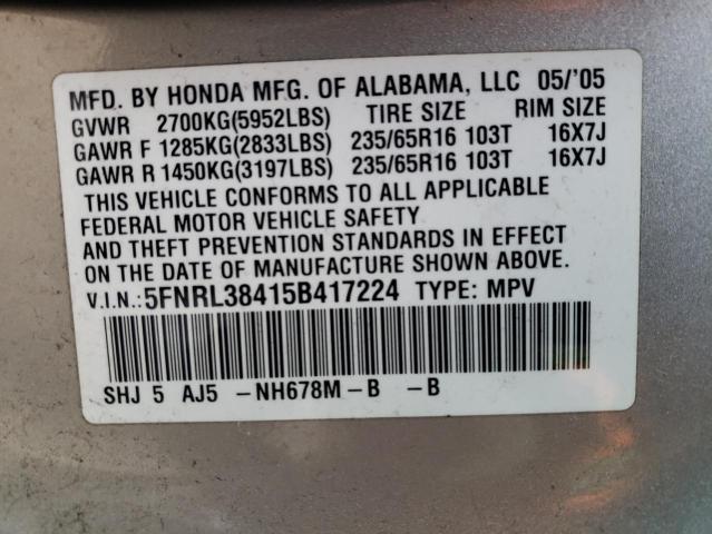 5FNRL38415B417224 - 2005 HONDA ODYSSEY EX SILVER photo 13