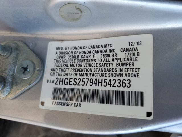 2HGES25794H542363 - 2004 HONDA CIVIC EX SILVER photo 12