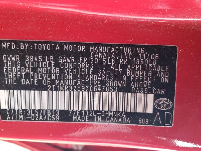 2T1KR32E97C647053 - 2007 TOYOTA COROLLA MA XR RED photo 12