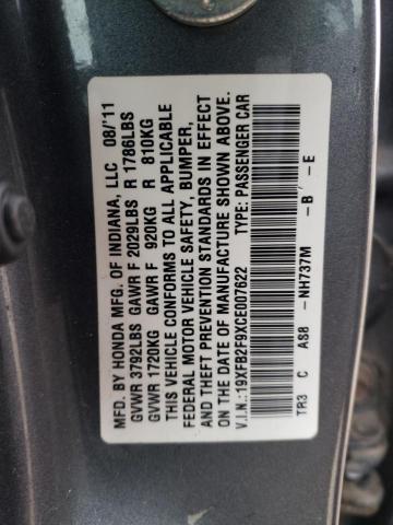 19XFB2F9XCE007622 - 2012 HONDA CIVIC EXL GRAY photo 13