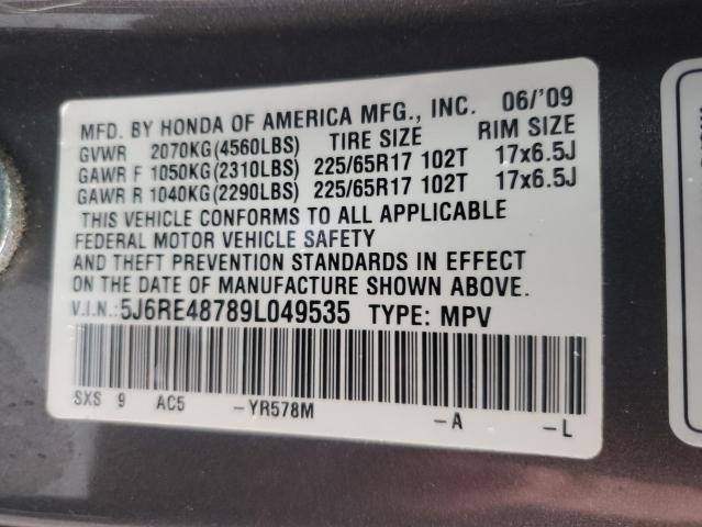 5J6RE48789L049535 - 2009 HONDA CR-V EXL GRAY photo 13