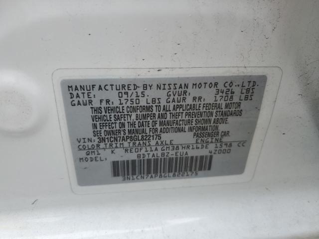 3N1CN7AP8GL822175 - 2016 NISSAN VERSA S WHITE photo 12