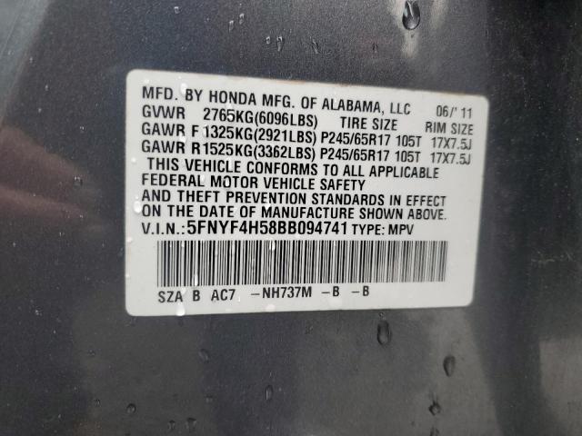 5FNYF4H58BB094741 - 2011 HONDA PILOT EXL GRAY photo 14