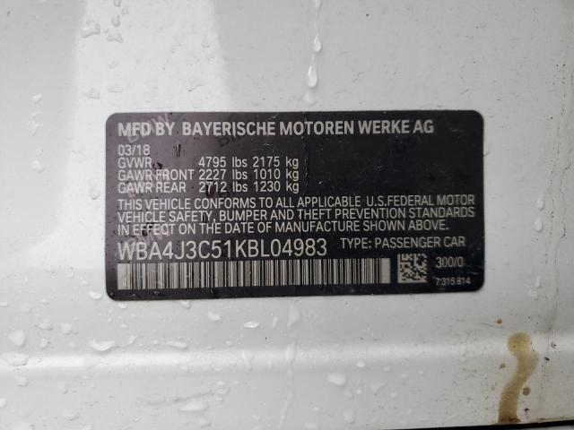 WBA4J3C51KBL04983 - 2019 BMW 430XI GRAN COUPE 白色 照片 12