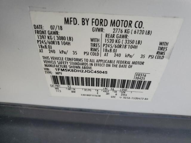 1FM5K8DH2JGC45045 - 2018 FORD EXPLORER XLT 白色 照片 13