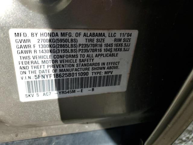 5FNYF18625B011090 - 2005 HONDA PILOT EXL ოქროსფერი ფოტო 13