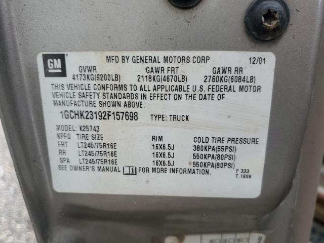 1GCHK23192F157698 - 2002 CHEVROLET SILVERADO K2500 HEAVY DUTY TAN photo 12