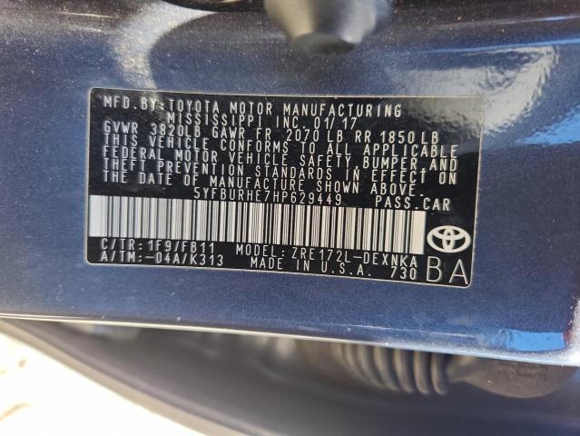 5YFBURHE7HP629449 - 2017 TOYOTA COROLLA L BLUE photo 12