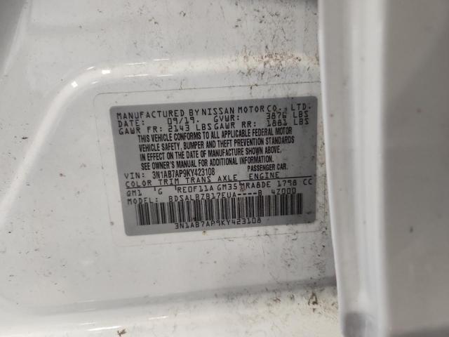 3N1AB7AP9KY423108 - 2019 NISSAN SENTRA S أبيض صورة 13