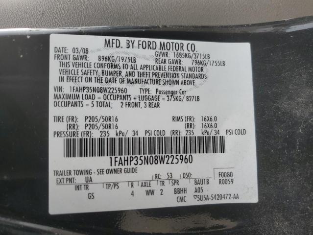 1FAHP35N08W225960 - 2008 FORD FOCUS SE BLACK photo 12