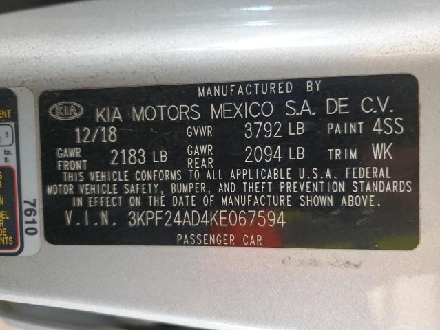 3KPF24AD4KE067594 - 2019 KIA FORTE FE SILVER photo 12