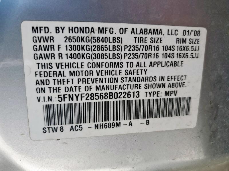 5FNYF28568B022613 - 2008 HONDA PILOT EXL Plata foto 13