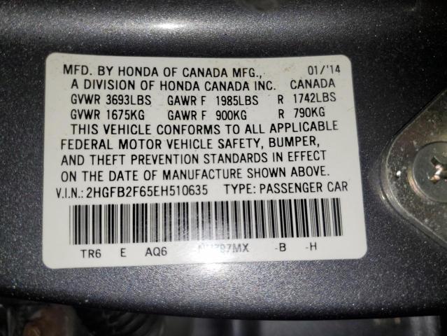 2HGFB2F65EH510635 - 2014 HONDA CIVIC HF GRAY photo 12