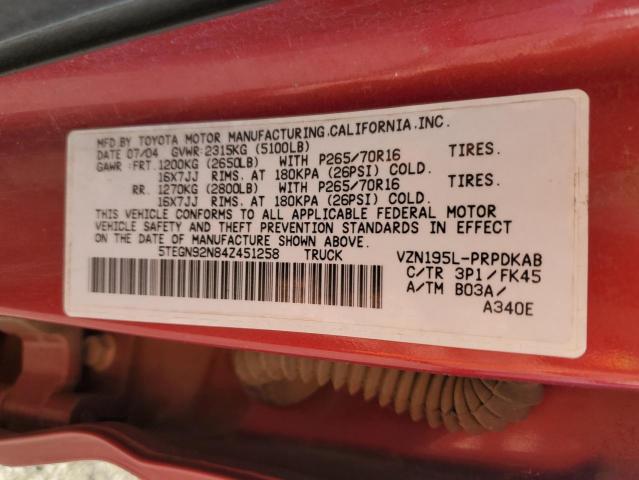 5TEGN92N84Z451258 - 2004 TOYOTA TACOMA DOUBLE CAB PRERUNNER MAROON photo 12