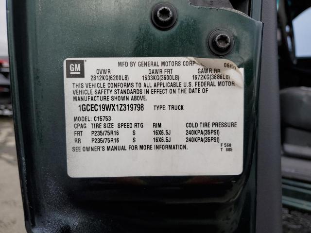 1GCEC19WX1Z319798 - 2001 CHEVROLET SILVERADO C1500 მწვანე ფოტო 12