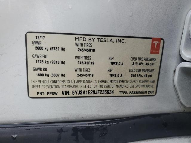 5YJSA1E28JF235934 - 2018 TESLA MODEL S 白色 照片 12