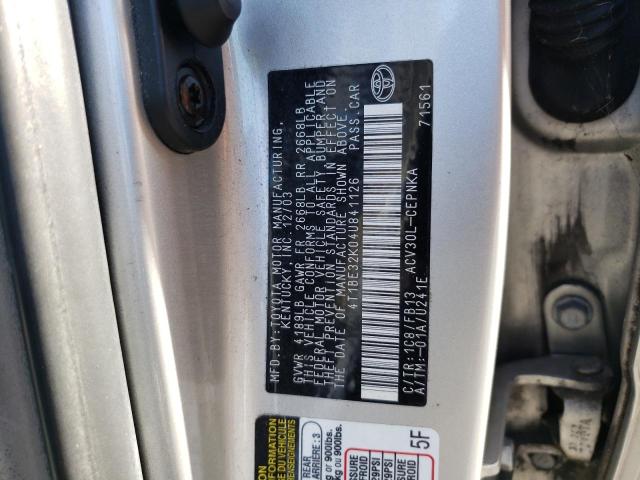 4T1BE32K04U841126 - 2004 TOYOTA CAMRY LE SILVER photo 12