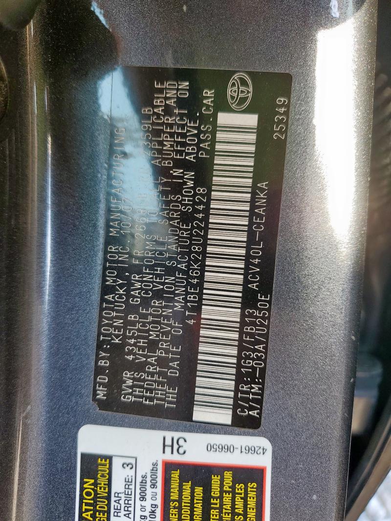 4T1BE46K28U224428 - 2008 TOYOTA CAMRY CE Gri fotoğraf 12