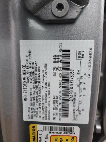 3FA6P0CD1LR178059 - 2020 FORD FUSION SEL SILVER photo 12