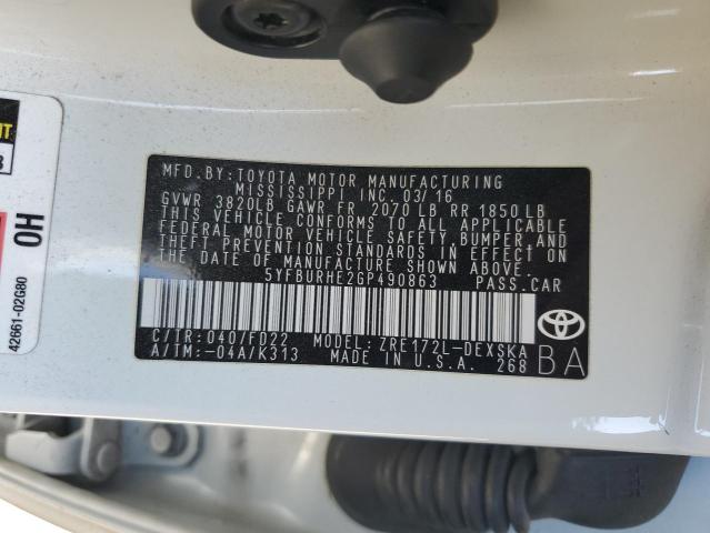 5YFBURHE2GP490863 - 2016 TOYOTA COROLLA L WHITE photo 12