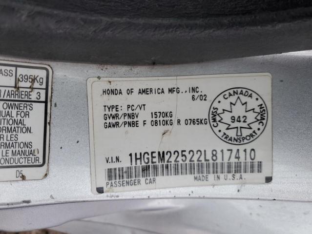 1HGEM22522L817410 - 2002 HONDA CIVIC LX SILVER photo 12