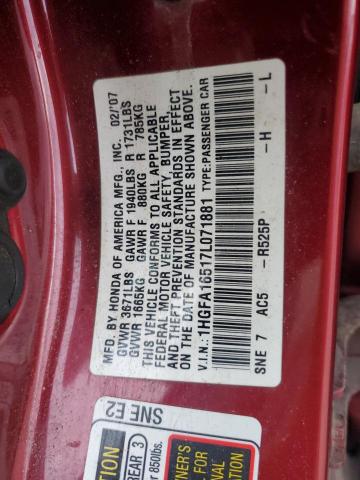 1HGFA16517L071881 - 2007 HONDA CIVIC LX Կարմիր լուսանկար 12