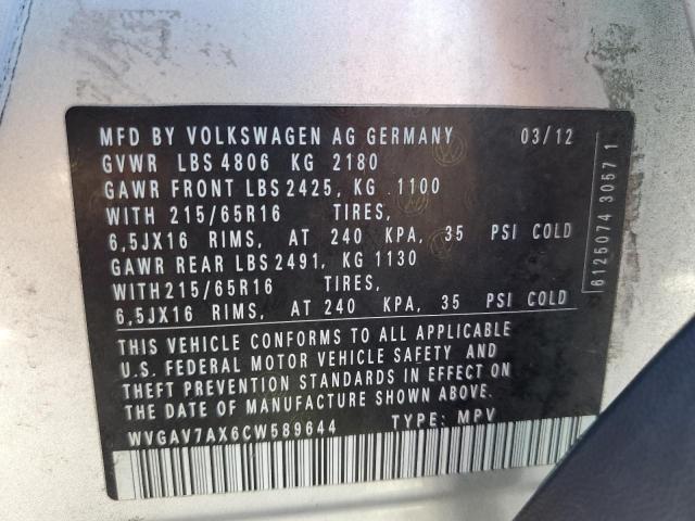 WVGAV7AX6CW589644 - 2012 VOLKSWAGEN TIGUAN S ვერცხლისფერი ფოტო 13
