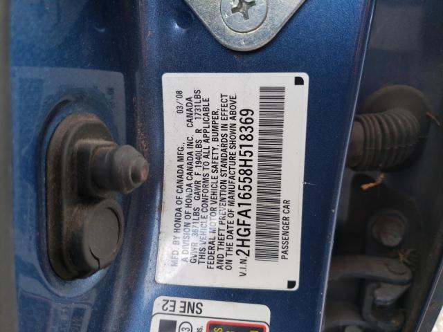 2HGFA16558H518369 - 2008 HONDA CIVIC LX BLUE photo 12