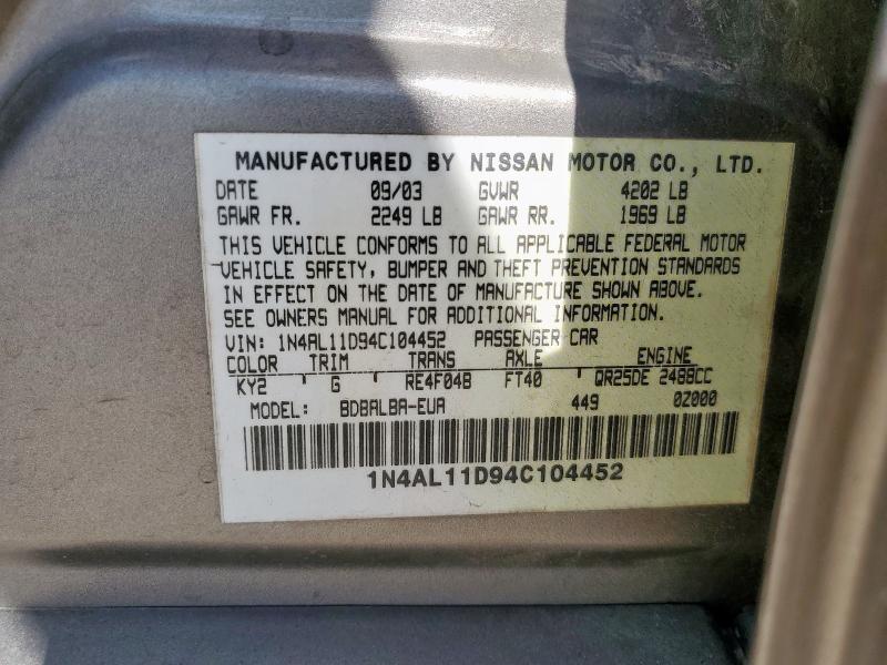 1N4AL11D94C104452 - 2004 NISSAN ALTIMA BASE GRAY photo 12