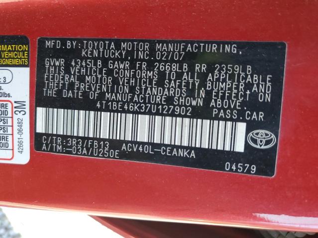 4T1BE46K37U127902 - 2007 TOYOTA CAMRY CE 红色 照片 12