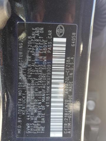4T1B11HK1KU793091 - 2019 TOYOTA CAMRY L BLACK photo 13