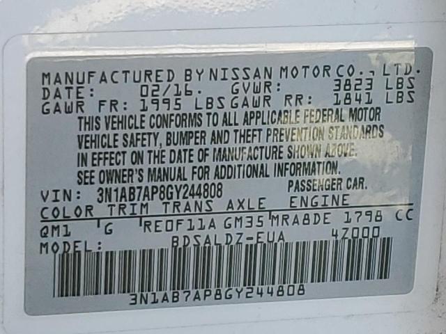 3N1AB7AP8GY244808 - 2016 NISSAN SENTRA S WHITE photo 13