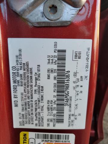 3FA6P0G79KR163876 - 2019 FORD FUSION S RED photo 12